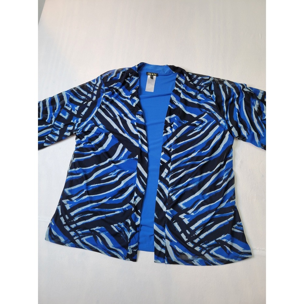 IMAN Global Chic Blue Zebra Print Open Front Mesh Cardigan Top 2X 2110